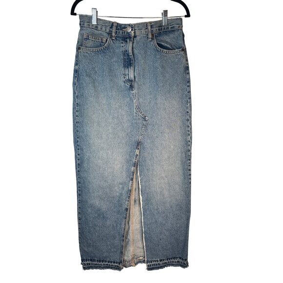 ZARA High Waist Small Denim Midi Skirt With Frayed Hem & Front Slit - Picture 1 of 15